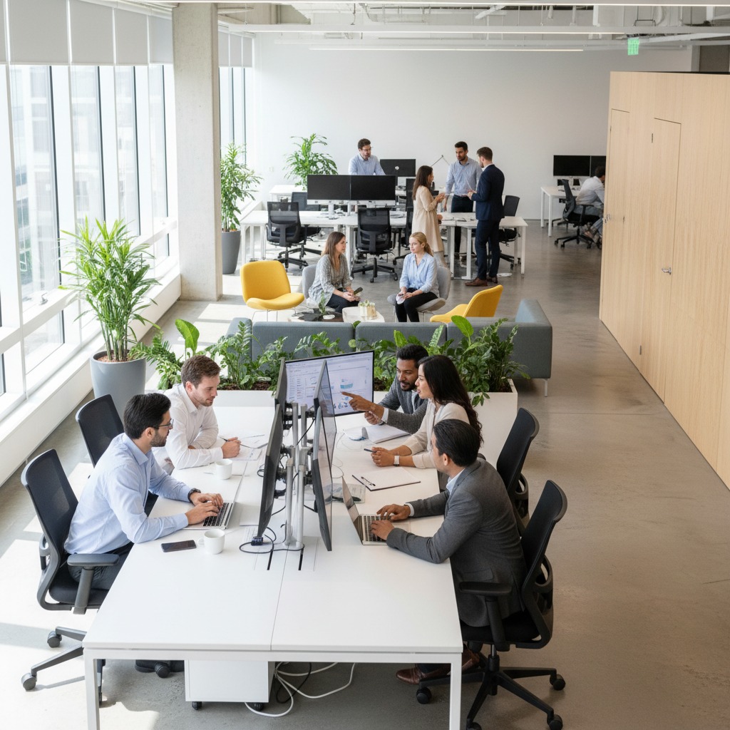 Un equipo de profesionales trabaja en un espacio de oficinas moderno, luminoso y de concepto abierto.
