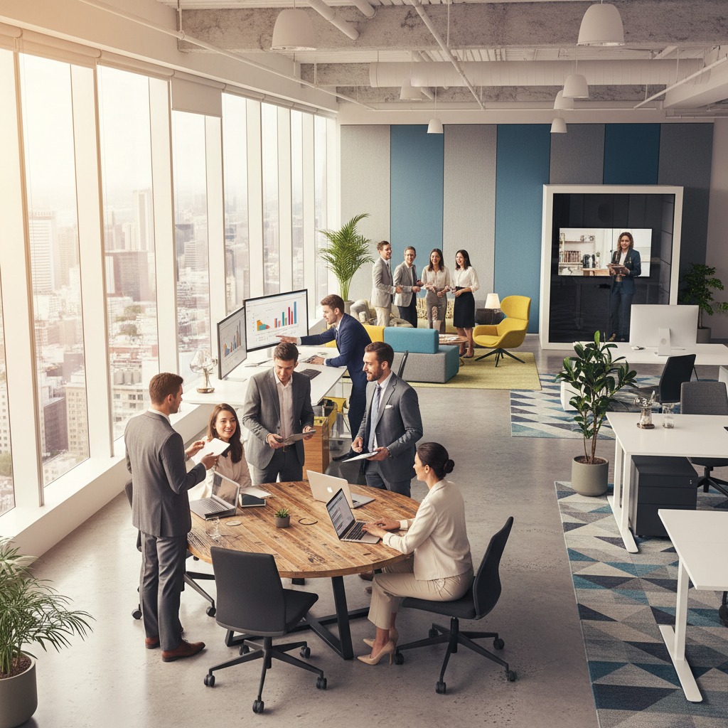 Un grupo de profesionales trabaja y colabora en una oficina moderna y amplia con grandes ventanales con vista a la ciudad.